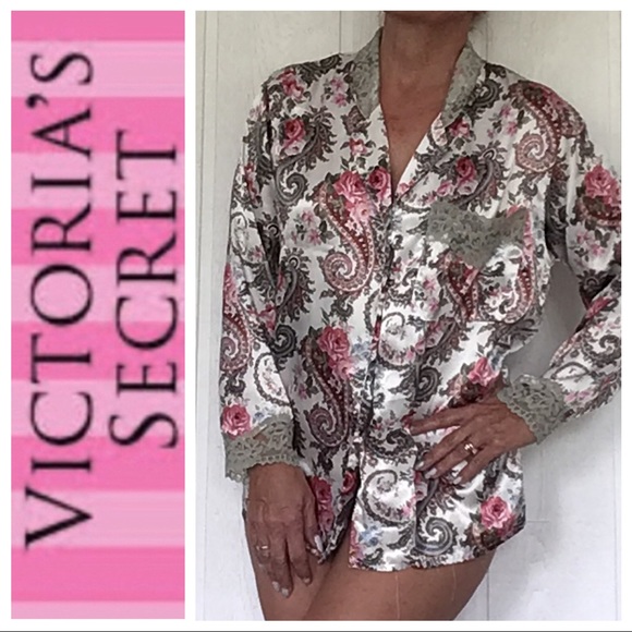 VICTORIAS SECRET GOLD LABEL SATIN FLORAL PAJAMA SHIRT SMALL - Picture 1 of 13